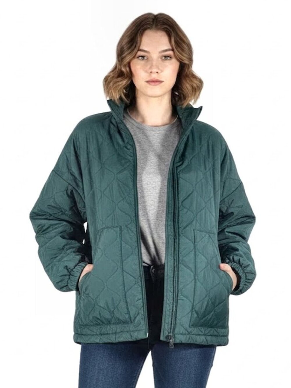 Zella Diamond Quilted Full-Zip Bomber Jacket, Hunter Green, Womens Size Medium